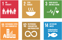 1. NO POVERTY, 2. ZERO HUNGER, 3. GOOD HEALTH AND WELL-BEING, 11. SUSTAINABLE CITIES AND COMMUNITIES, 12. RESPONSIBLE CONSUMPTION AND PRODUCTION, 14. LIFE BELOW WATER